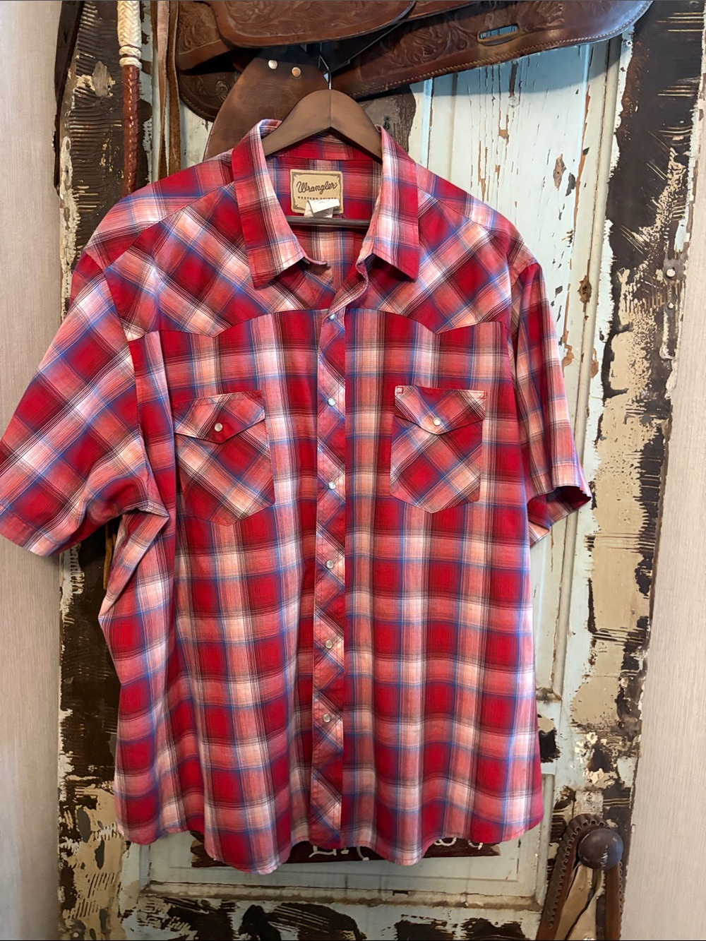 Wrangler Red and Blue Plaid Short Sleeve Western Shirt